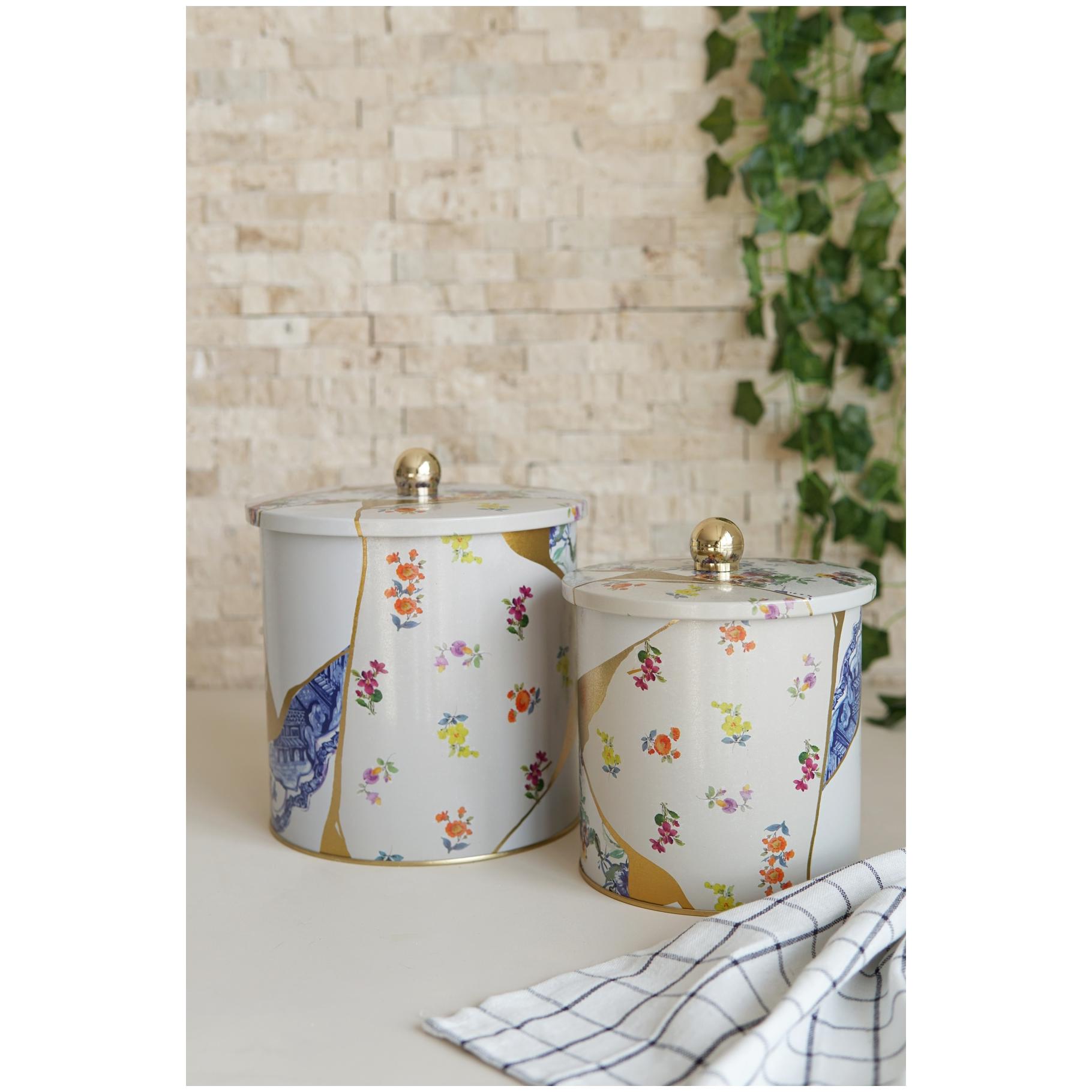 Yuvarlak Metal Teneke Kutu Seti Ø175x180 - Ø140x150 Topuzlu Kulp (2 Adet) Kintsugi Altın Damarlı Çiçek Kintsugi Tasarımı —…
