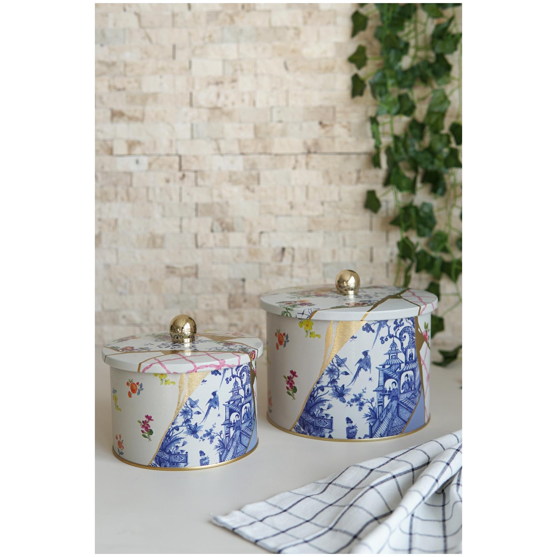 Yuvarlak Metal Teneke Kutu Seti Ø175x155 - Ø140x125 Topuzlu Kulp (2'li Set) Kintsugi Altın Damarlı Çiçek Kintsugi Tasarımı…