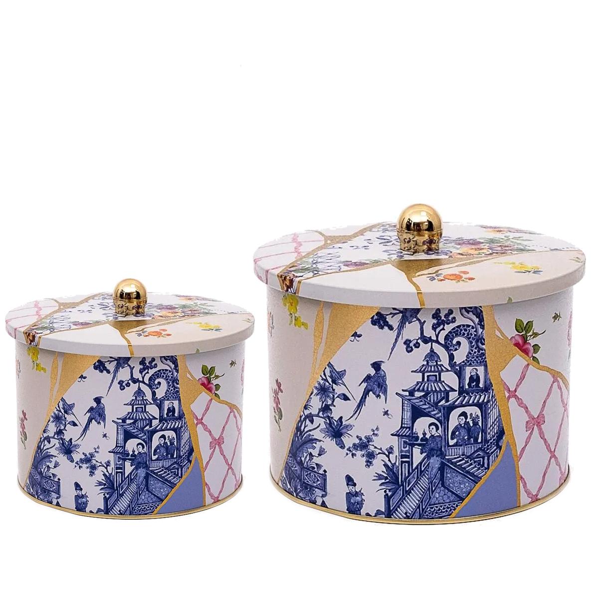 Yuvarlak Metal Teneke Kutu Seti Ø175x155 - Ø140x125 Topuzlu Kulp (2'li Set) Kintsugi Altın Damarlı Çiçek Kintsugi Tasarımı…