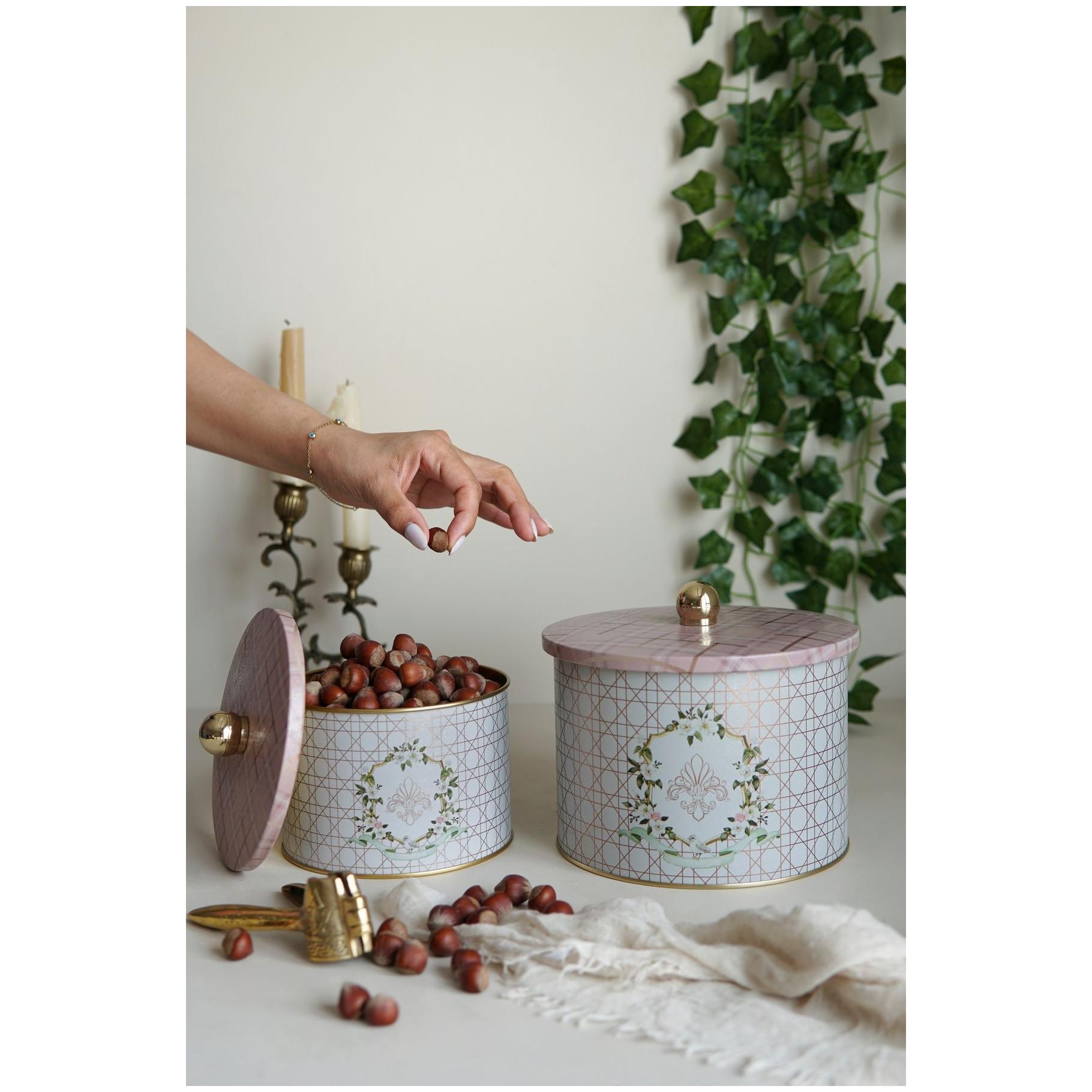 Yuvarlak Metal Teneke Kutu Seti Ø175x155 - Ø140x125 Topuzlu Kulp (2'li Set) Rosy Rosy Tasarım — Kutu Setleri — Tinbox