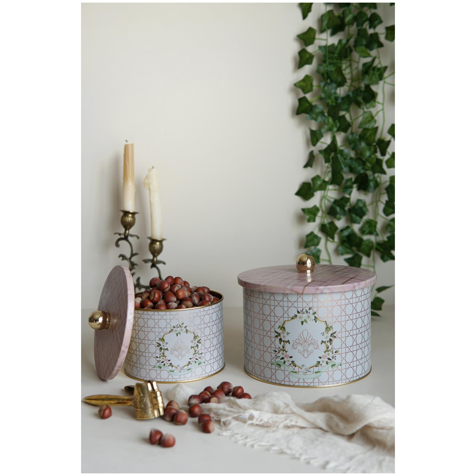 Yuvarlak Metal Teneke Kutu Seti Ø175x155 - Ø140x125 Topuzlu Kulp (2'li Set) Rosy Rosy Tasarım — Kutu Setleri — görsel 2 / …