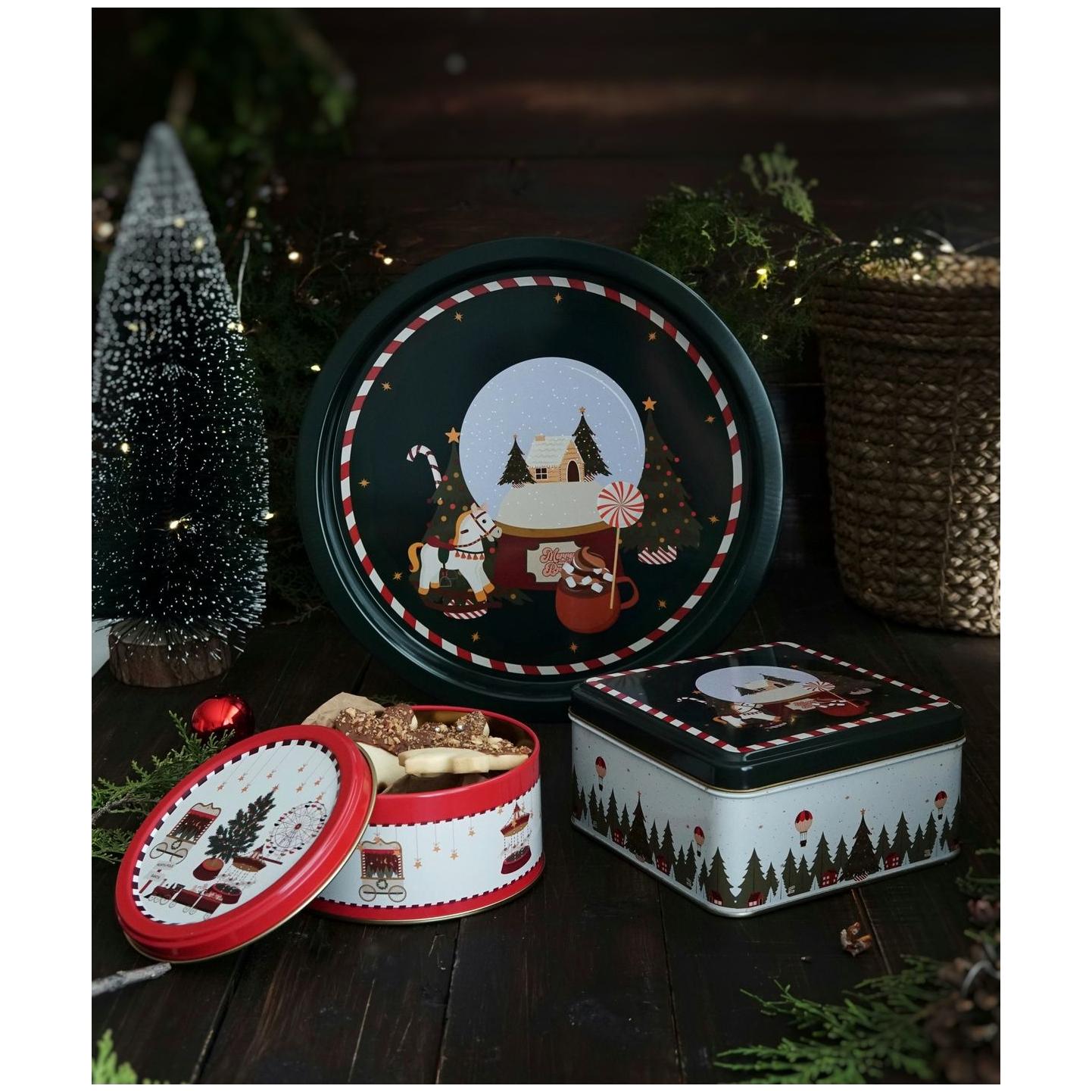 Yuvarlak kutu, kare kutu ve tepsi (3'lü set) Noel için 158x158x80 mm - Ø140x70 mm - Ø315 mm Yılbaşı Ağacı Noel Sevgililer …