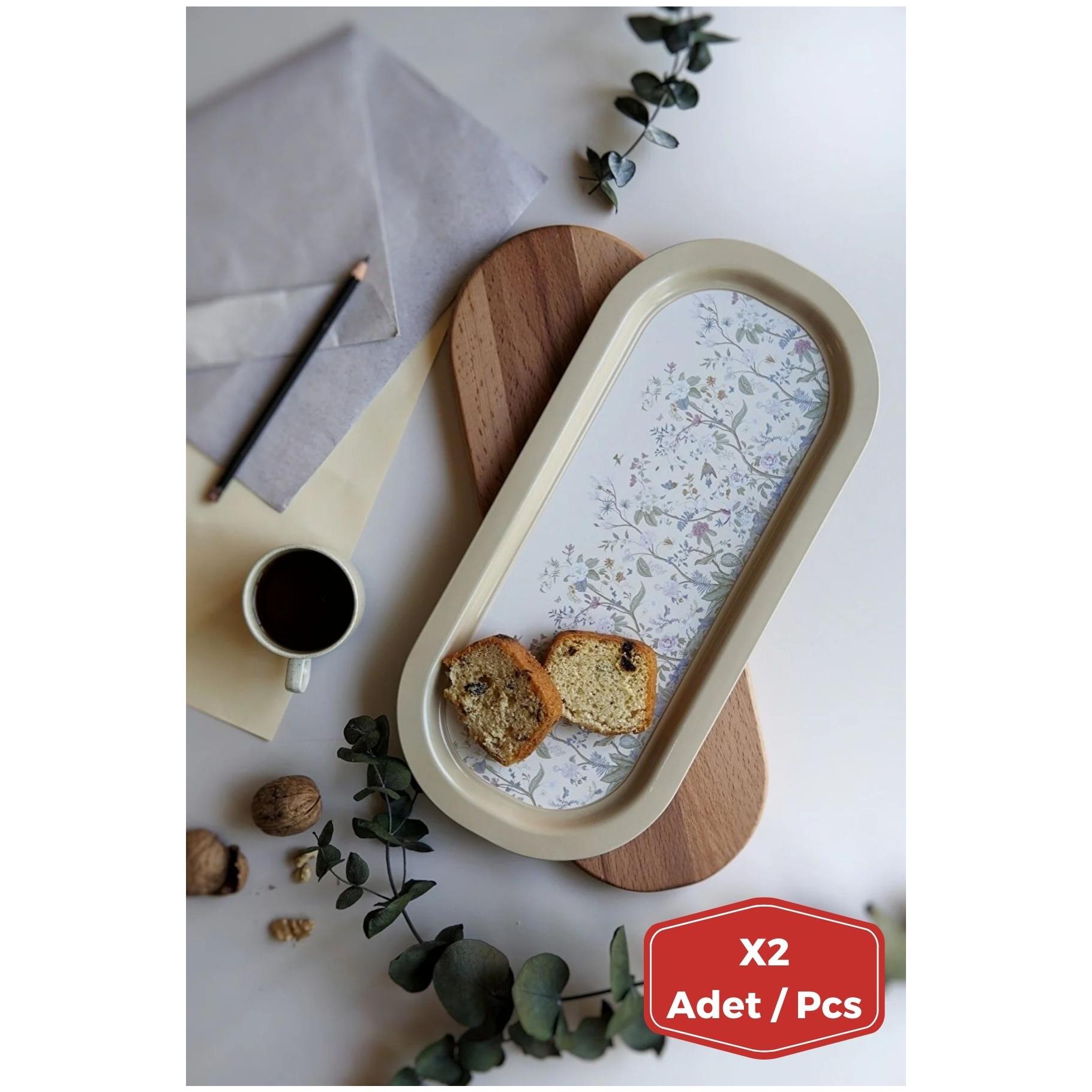 Dikdörtgen Metal Tepsi, 2 Parça Set, 160 x 350 mm, Çiçek Desenli, Pastel Sarı, Botanica Tasarım — Kutu Setleri — Tinbox
