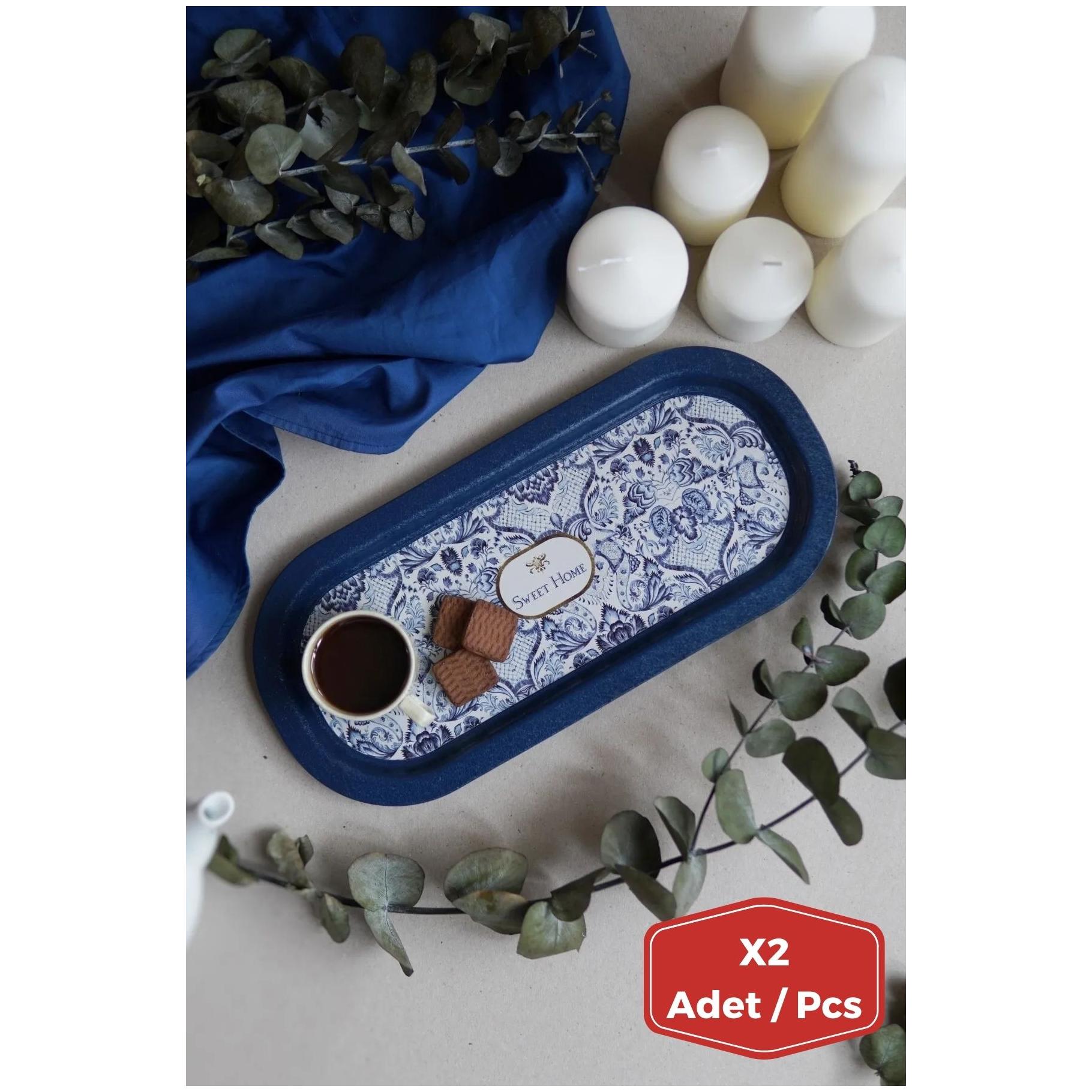 Dikdörtgen Metal Tepsi, 2 Parça Set, 160 x 350 mm, Azulejo Esintili Mavi ve Beyaz Dekoratif Desen, Azulejo Tasarımı — Kutu…